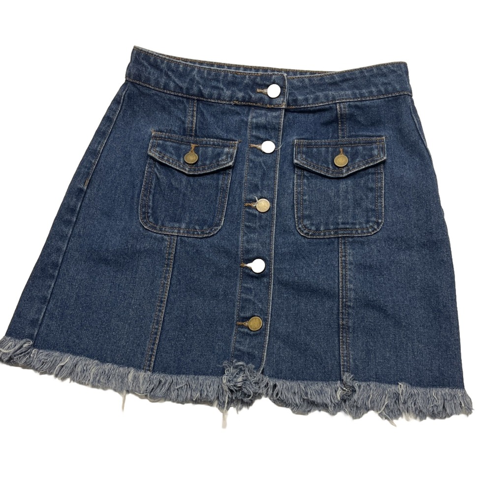 Shop The Trend Button Front Denim Mini Skirt Blue Jeans Womens Medium Frayed Hem